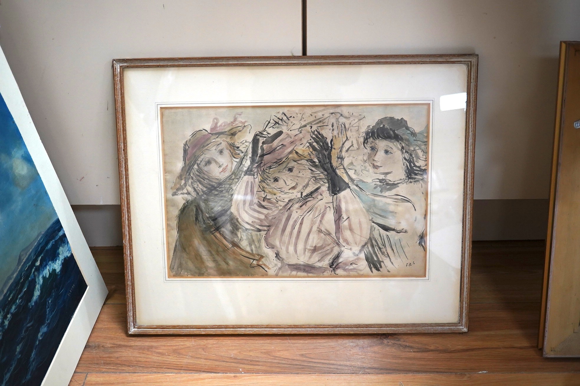 Elinor Bellingham Smith (1906-1988), watercolour, Study of three women, initialled, 26 x 39cm. Condition - fair